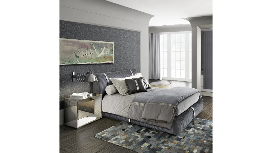 Cameretta Contemporary J Collection 34C in laccato e vetro specchiato con letto in velluto imbottito di Halley 