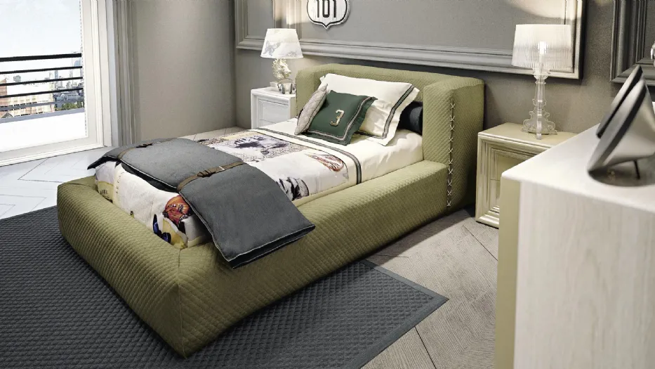 Cameretta componibile Contemporary Lovelove 40C in laccato e melaminico con letto in velluto imbottito e trapuntato di Halley 