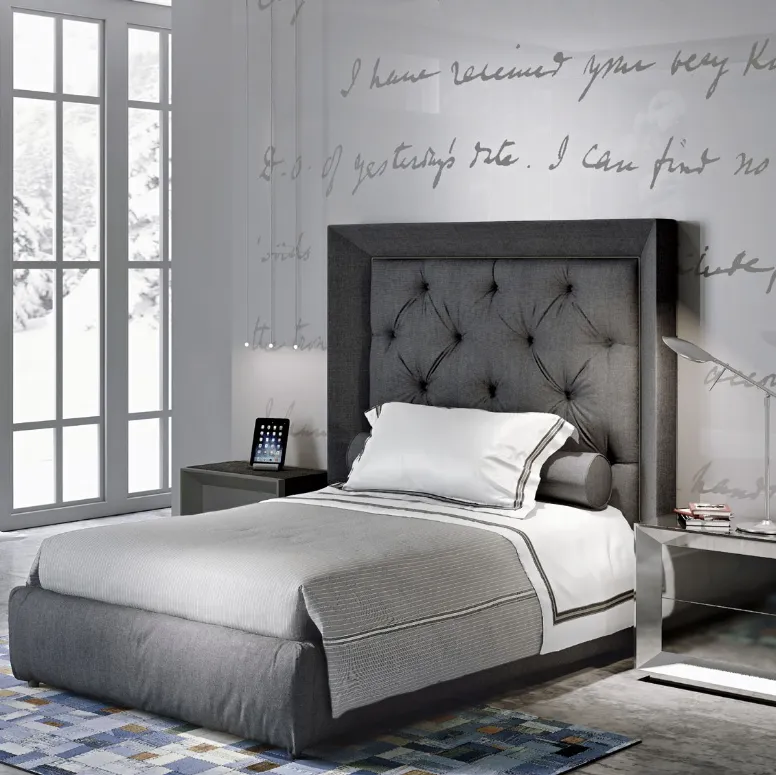 Cameretta Contemporary Lovelove 41C in laccato e vetro a specchio con letto imbottito in tessuto con testiera di Halley 