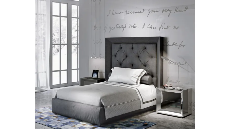 Cameretta Contemporary Lovelove 41C in laccato e vetro a specchio con letto imbottito in tessuto con testiera di Halley 