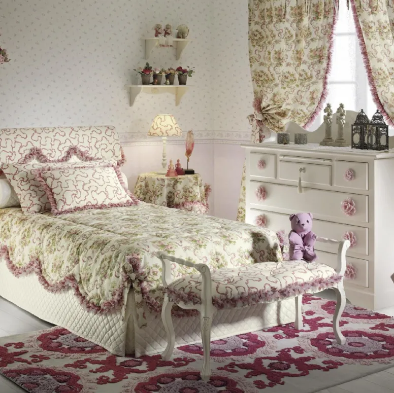 Cameretta Romantic Junior 24R in laccato Bianco opaco con maniglie Rosa a forma di fiore di Halley 