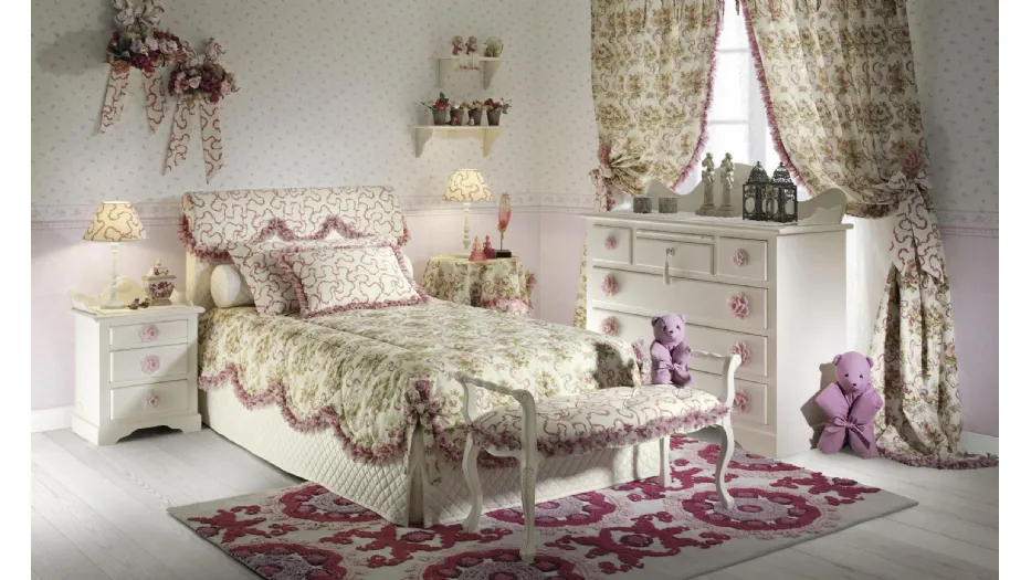 Cameretta Romantic Junior 24R in laccato Bianco opaco con maniglie Rosa a forma di fiore di Halley 