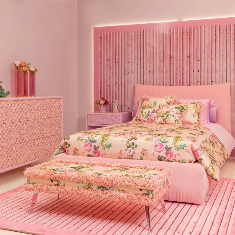 Cameretta Innovation Marlena Dreams 14MD in laccato opaco con letto in velluto rosa imbottito di Halley 