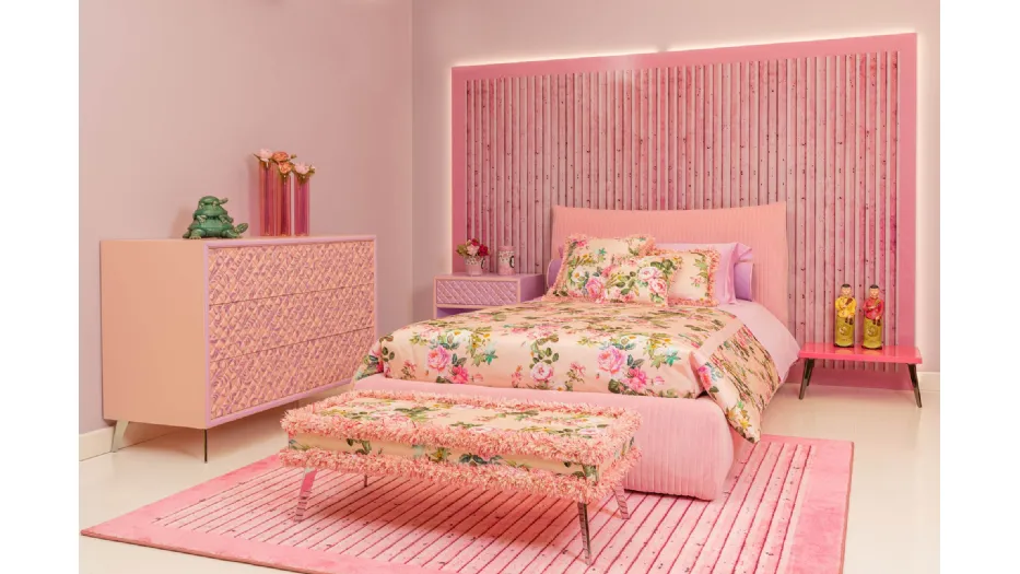 Cameretta Innovation Marlena Dreams 14MD in laccato opaco con letto in velluto rosa imbottito di Halley 