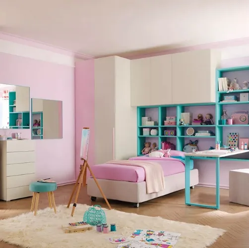 Cameretta a ponte per ragazze con letto in tessuto KC408 di Moretti Compact