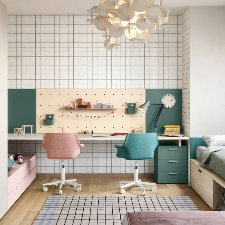 Cameretta componibile a 2 letti con scrivania a parete e armadio a muro Kids space 03 di Nidi