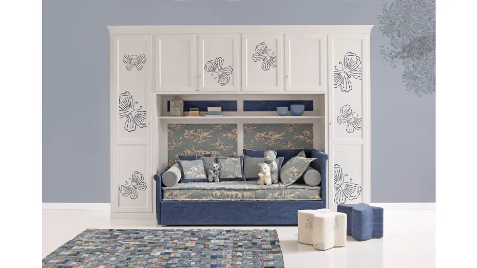 Cameretta a ponte in laccato opaco Bianco con farfalle Blu Romantic Boy 20R con divano letto di Halley 