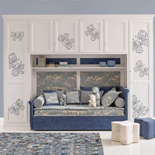 Cameretta a ponte in laccato opaco Bianco con farfalle Blu Romantic Boy 20R con divano letto di Halley 