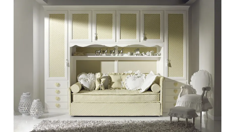 Cameretta a ponte con divano letto Romantic Junior 30R in laccato Bianco opaco e tessuto di Halley 