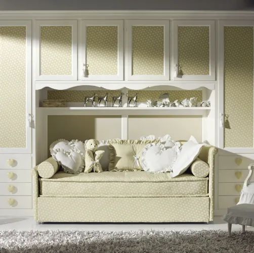 Cameretta a ponte con divano letto Romantic Junior 30R in laccato Bianco opaco e tessuto di Halley 