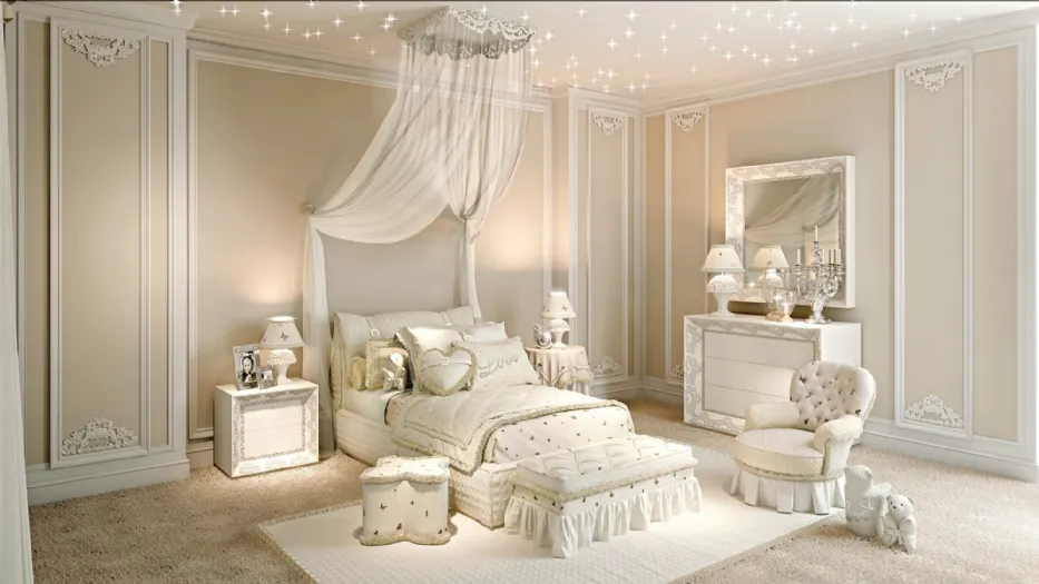 Cameretta Romantic Lovelove 01R in laccato Bianco opaco con decori di Halley 