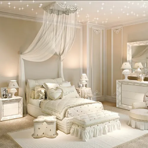 Cameretta Romantic Lovelove 01R in laccato Bianco opaco con decori di Halley 