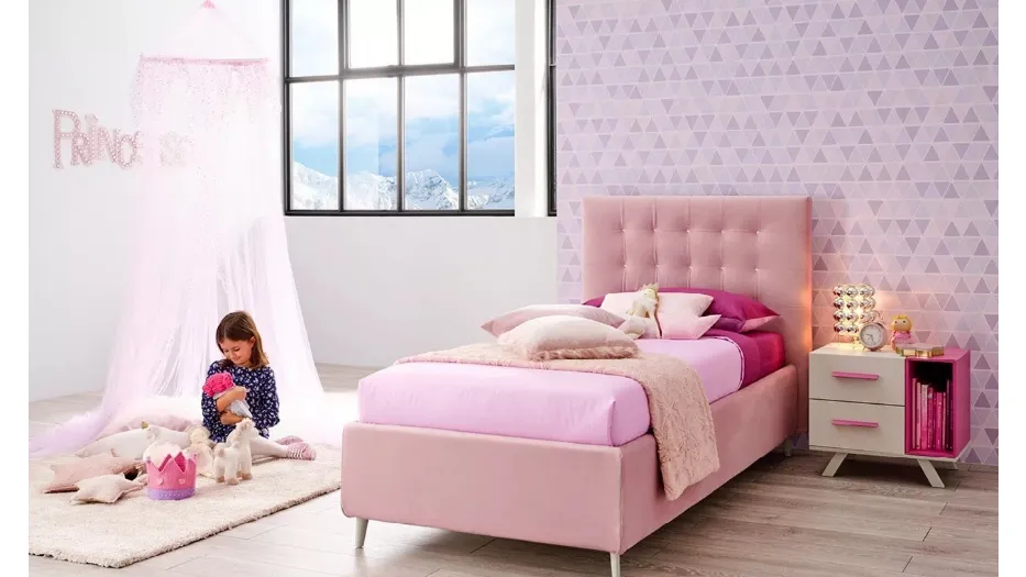 Letto singolo in velluto color rosa con imbottitura in capitonnè SC201 di Moretti Compact