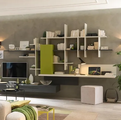 Libreria sospesa in melaminico Quarzo e laccato LV119 di Moretti Compact