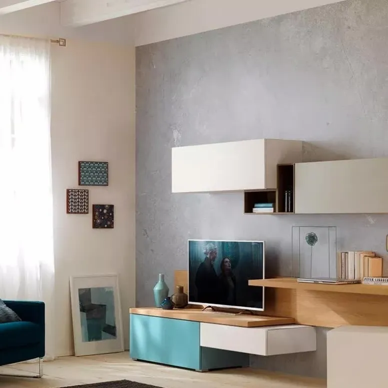 Parete Attrezzata moderna in essenza legno d'olmo abbinata al laccato dei wallbox LV107 Moretti Compact