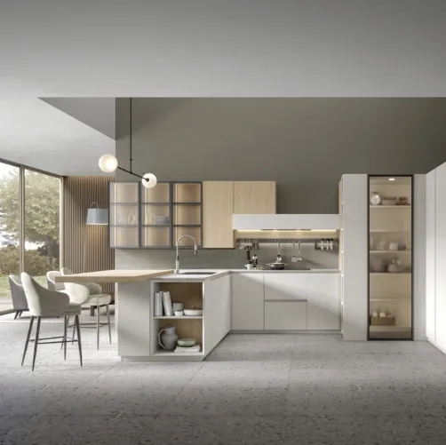 Cucina Moderna angolare con penisola in rovere naturale e finitura bianca Eclettica 02 di Scandola