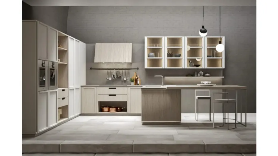 Cucina Eclettica 06 con penisola in legno finitura bianco e rovere di Scandola