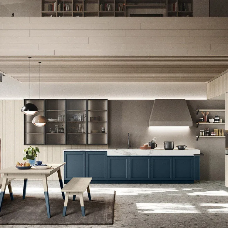 Cucina Moderna lineare in legno finitura Denim con top in HPL Calacatta Maestrale M06 di Scandola