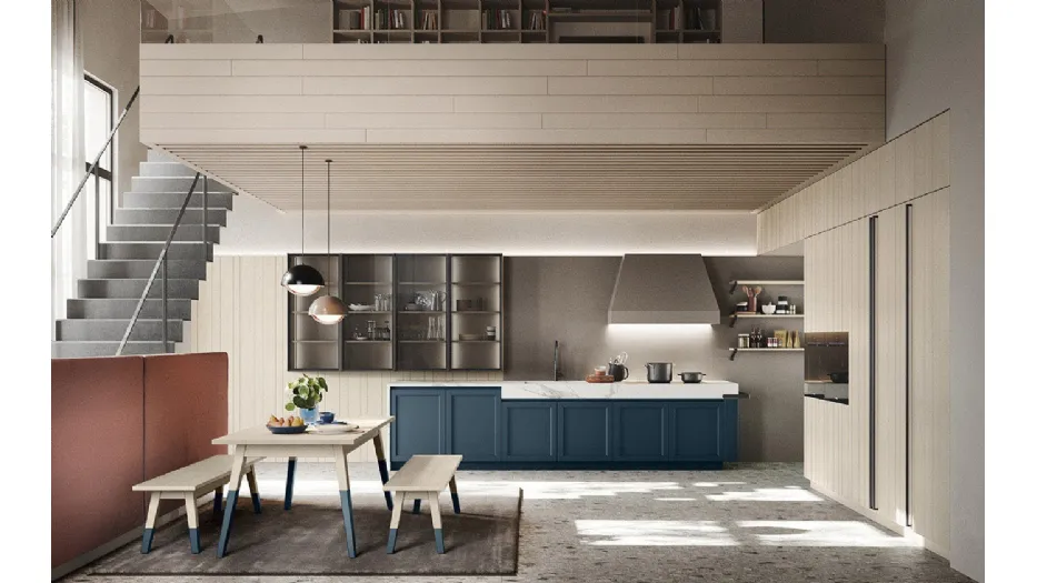 Cucina Moderna lineare in legno finitura Denim con top in HPL Calacatta Maestrale M06 di Scandola