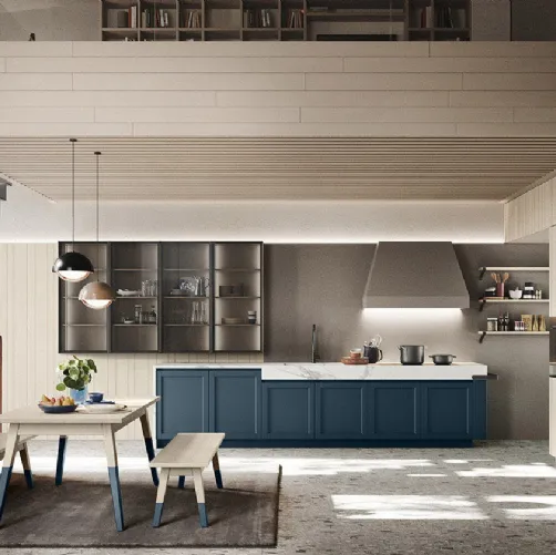 Cucina Moderna in legno finitura Denim con top in HPL Calacatta Maestrale M06 di Scandola